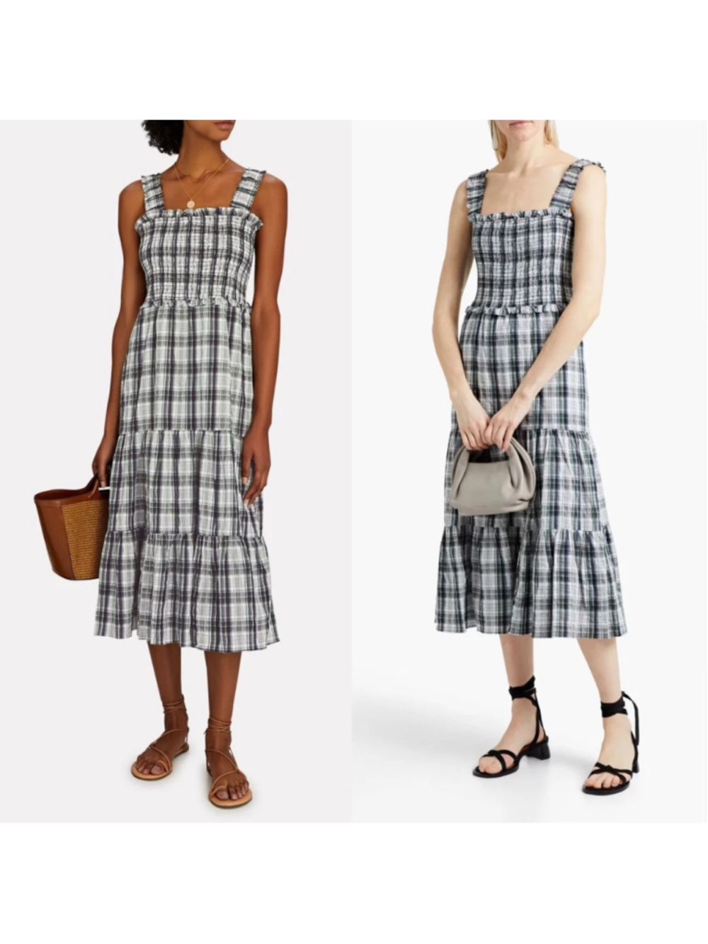 Veronica Beard Ziada Smocked Sleeveless Plaid Midi Dress 4 Black White Tiered